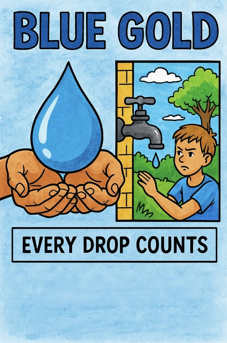 Blue Gold comic cover with a blue water drop and illustrated characters