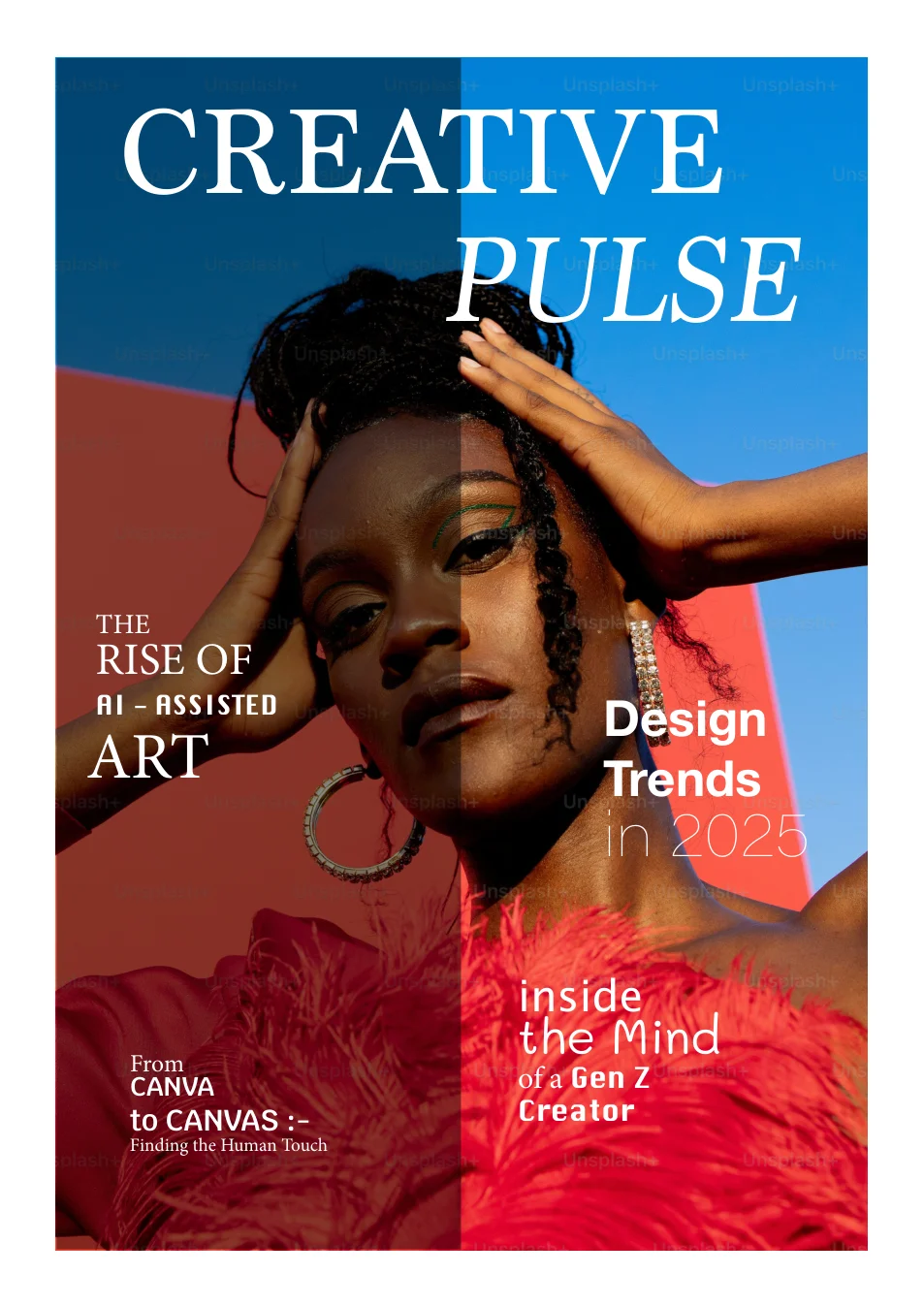 Creative Pulse magazine cover study in blue and red
