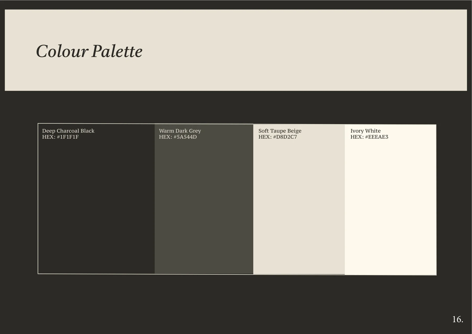 ZEA colour palette in charcoal, grey, sand and cream